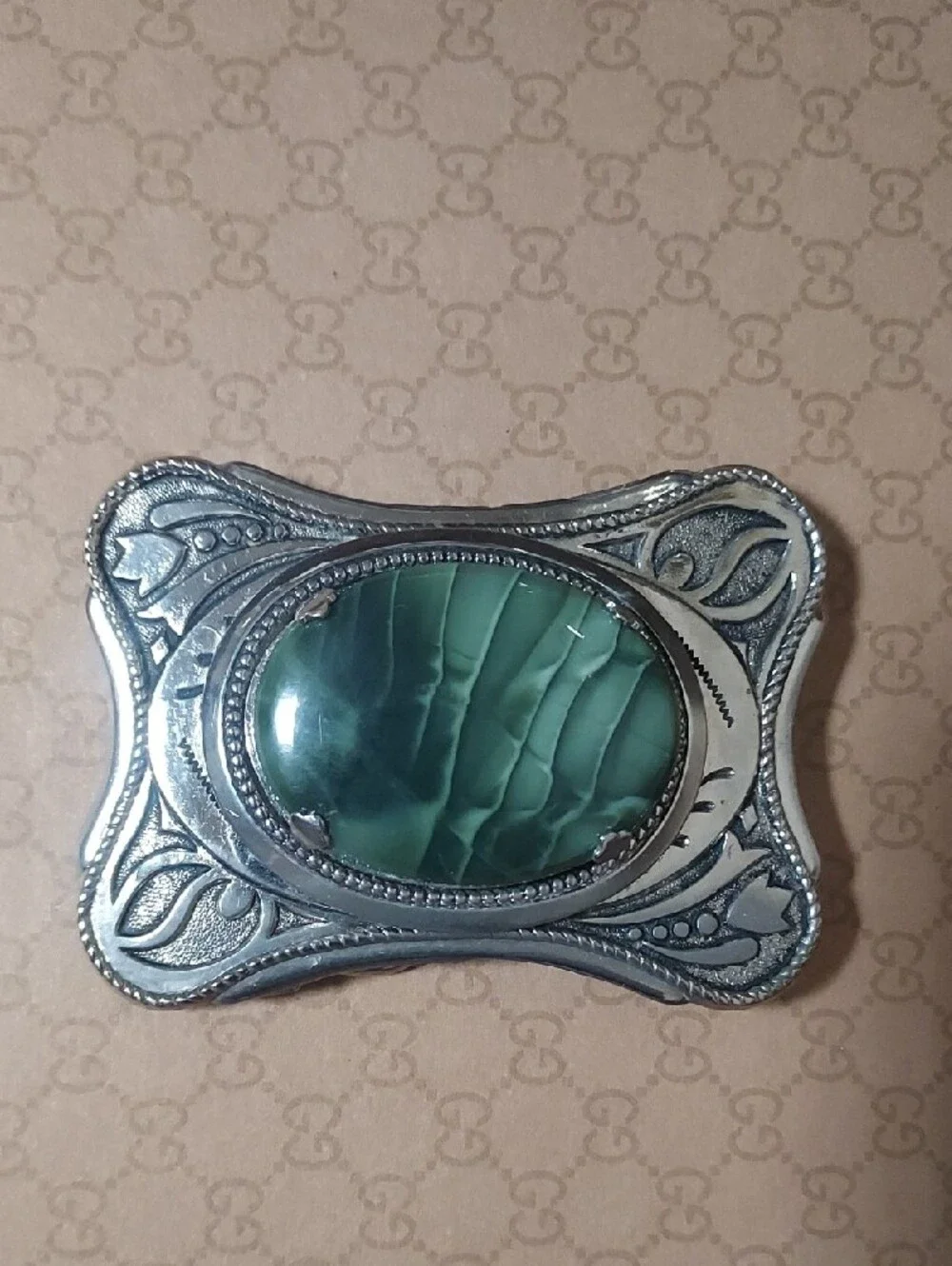 Vintage Boho Art Nouveau Scalloped Belt Buckle Green Striped Cabochon SilverTone
